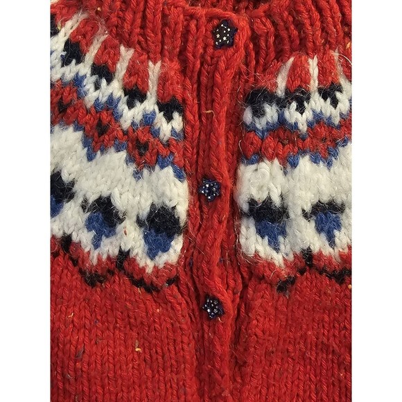 Hand Knit Toddler Sweater Wool Blend Fair Isle Red Crew Neck Unisex Cardigan - Picture 3 of 13